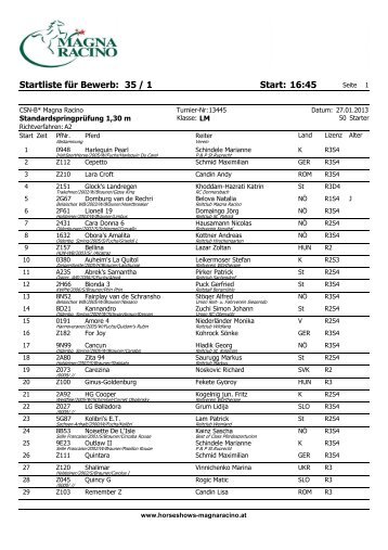 / 1 35 Start: 16:45 Startliste für Bewerb: - Horseshows Magna Racino