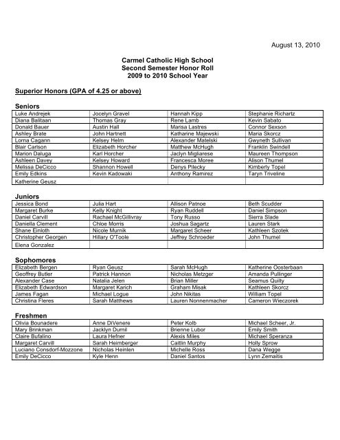 August 13, 2010 Carmel Catholic High School Second Semester ...