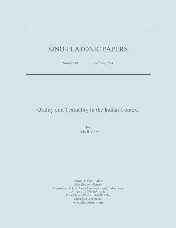 Orality and Textuality in the Indian Context - Sino-Platonic Papers