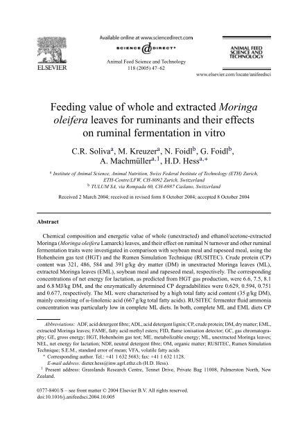 Feeding Value Of Whole And Extracted Moringa Oleifera Leaves For