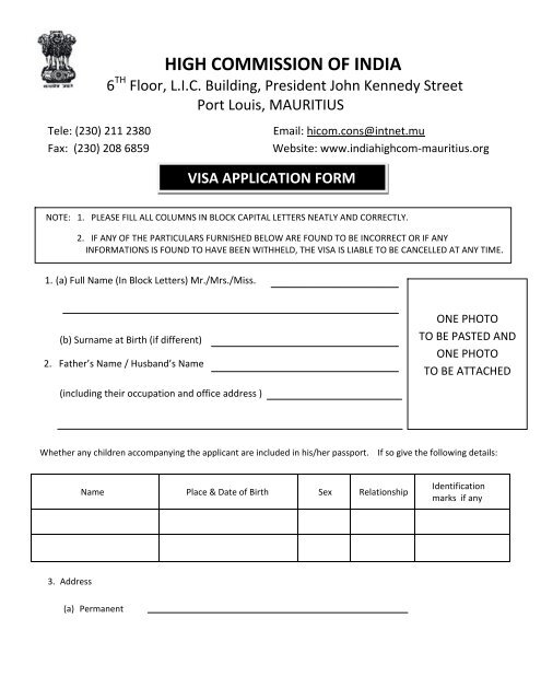 Download Visa Application Form - high commission of india mauritius