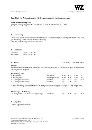 Preisblatt N7p - Wasserwerke Zug AG