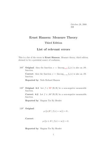 Ernst Hansen: Measure Theory List of relevant errors
