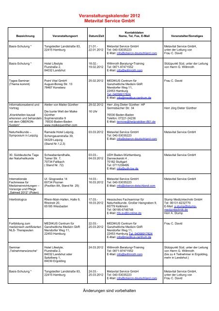 Veranstaltungskalender 2012 Metavital Service GmbH