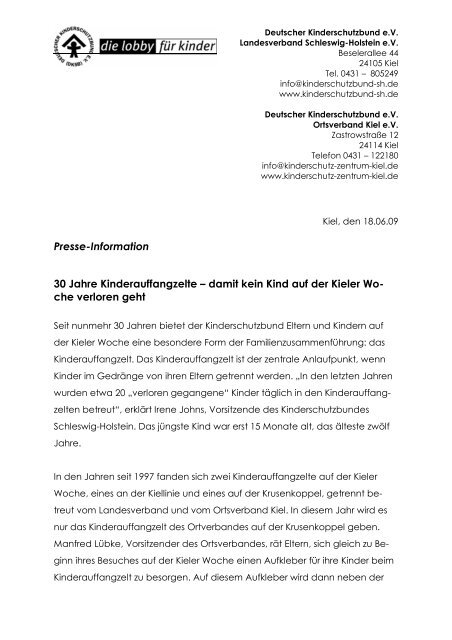 Die Presseinformation zum Download - Kinderschutz-Zentrum Kiel