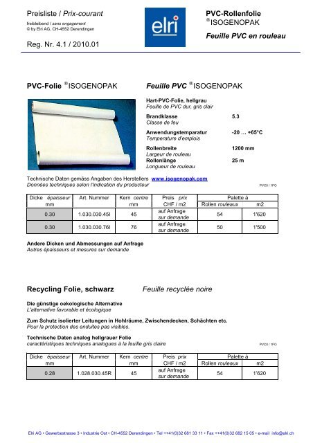 Preisliste / Prix-courant PVC-Rollenfolie ISOGENOPAK ... - Elri AG