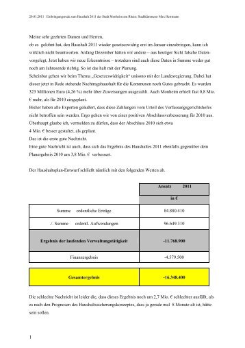 Haushaltsrede von Kämmerer Max Herrmann - Monheim am Rhein