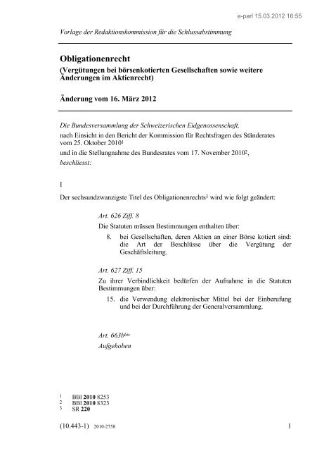 Obligationenrecht (Vergütungen bei börsenkotierten Gesellschaften ...