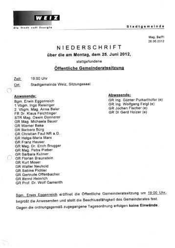 Protokoll der Gemeinderatssitzung vom 25.06.2012 - Weiz