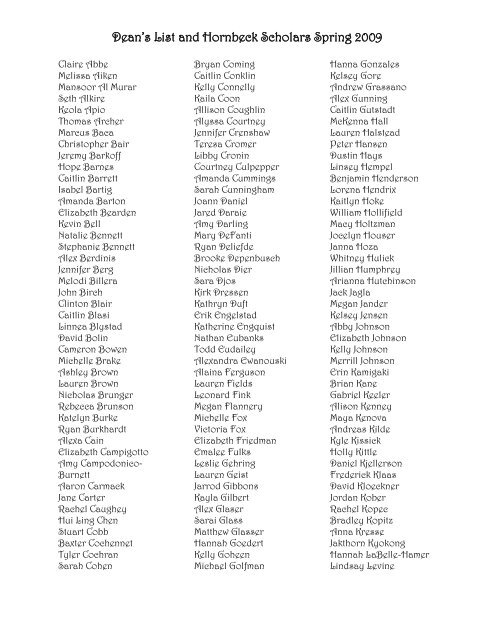 Dean's List and Hornbeck Scholars Spring 2009