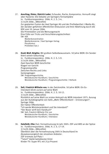 Aufsatznachweis Hörfunk und Fernsehen - Netzwerk Mediatheken