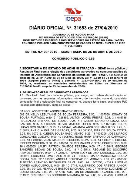 DIÁRIO OFICIAL Nº. 31653 de 27/04/2010 - Portal do Servidor ...