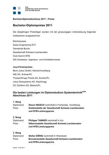 Bachelor-Diplompreise 2011 - Ntb