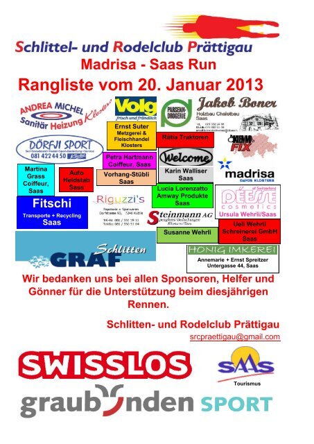 Rangliste vom 20. Januar 2013 - Saas im Prättigau