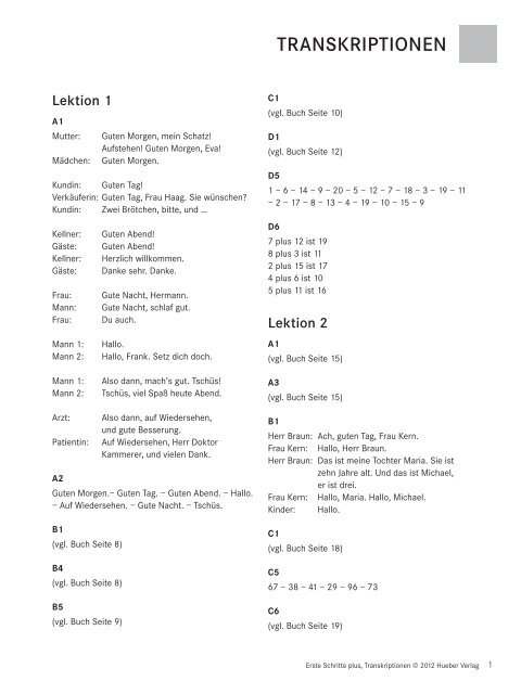 Erste Schritte plus, Transkriptionen © 2012 Hueber Verlag