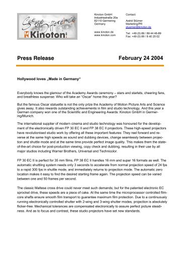 Press Release February 24 2004 - Kinoton