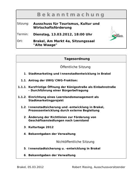 Bekanntmachungen vom 08. März 2012 - Stadt Brakel