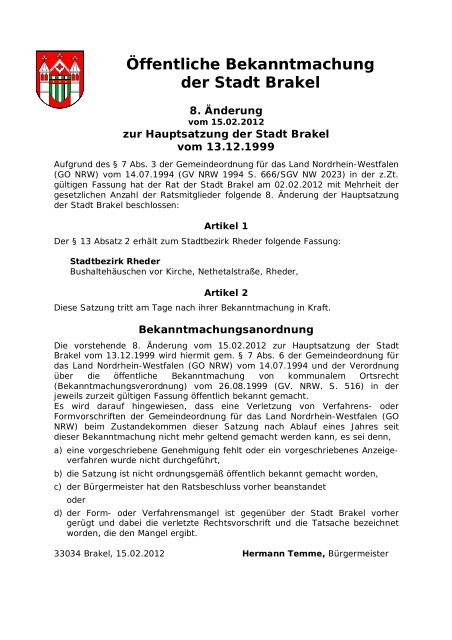 Bekanntmachungen vom 23. Februar 2012 - Stadt Brakel