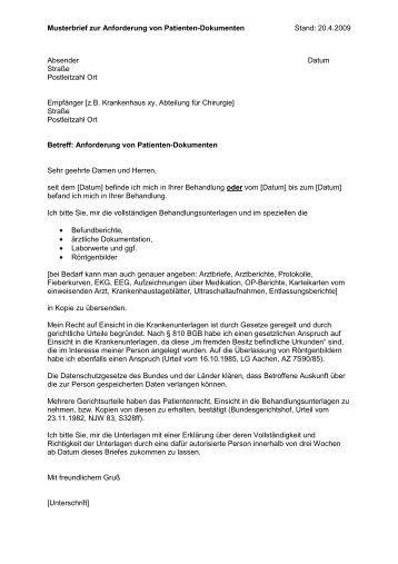 Musterbrief zur Anforderung von Patientenunterlagen - UPD