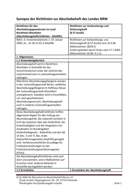 Synopse der Richtlinien zur Abschiebehaft des Landes NRW