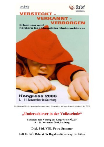 „Underachiever in der Volksschule“ - Landesschulrat für ...