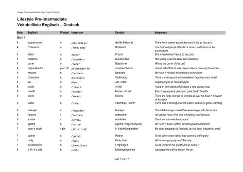 Lifestyle Pre-intermediate English-German Wordlist