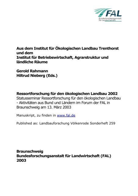 Aus dem Institut für Ökologischen Landbau Trenthorst - vTI