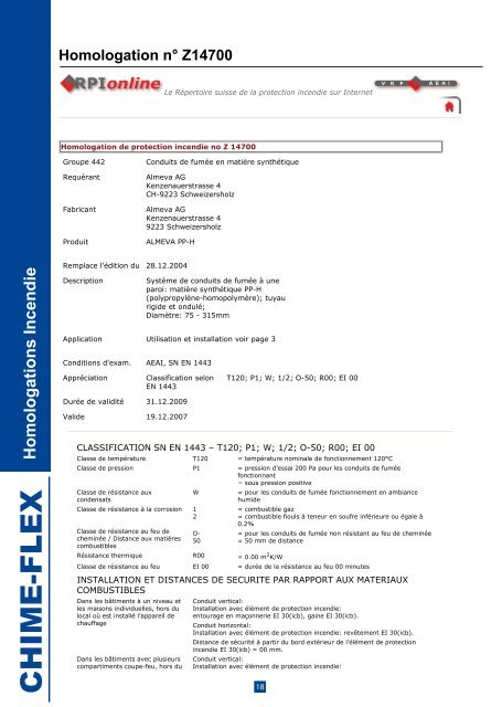 HOMOLOGATIONS INCENDIE - Chime-Flex