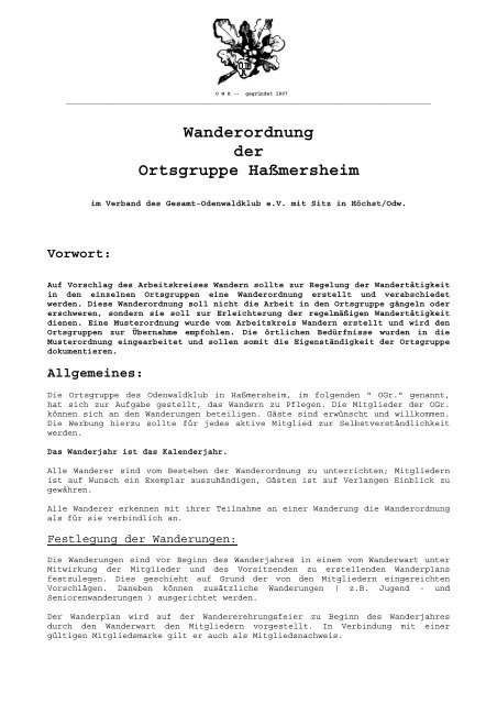 Wanderordnung - Odenwaldklub eV Ortsgruppe Hassmersheim