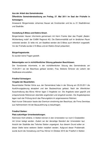 Sitzungsbericht Gemeinderat 27.05.2011 - Stadt Schwaigern