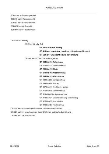 Aufbau ZGB und OR ZGB 1 bis 10 Einleitungsartikel ZGB 11 ... - Harti