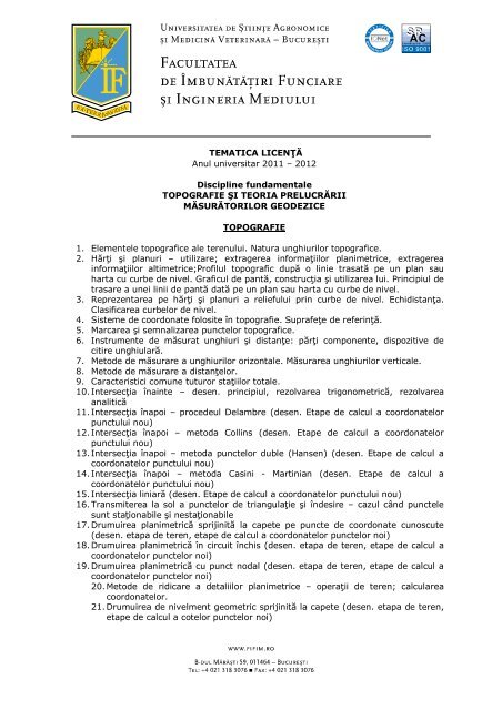 Tematica Licenta Specializarea Masuratori Terestre Si Cadastru 2012
