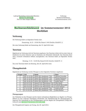 Rechnerarchitekturen im Sommersemester 2012 Merkblatt - LMU