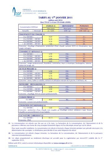 TARIFS AU 1ER JANVIER 2011 - Cosvegaz SA