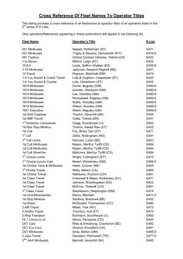 Cross Reference Of Fleet Names To Operator Titles