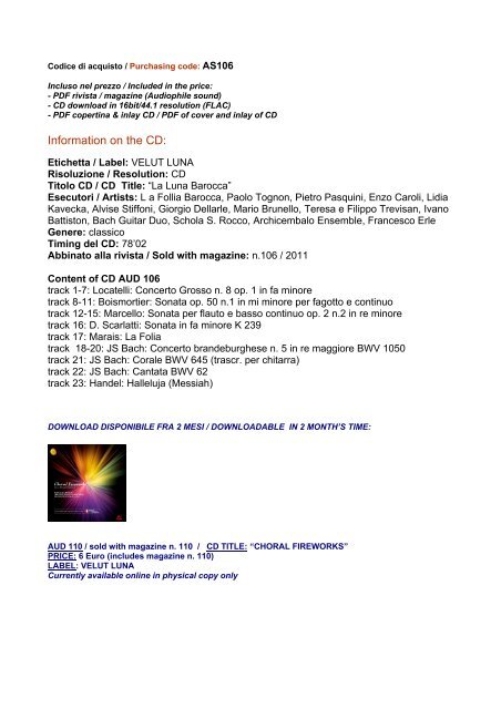 Elenco CD Velut Luna - AudioFileMusic.com