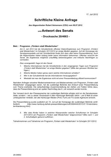 Schriftliche Kleine Anfrage und Antwort des Senats - CDU-Hamburg ...