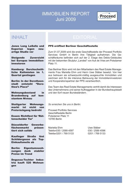 IMMOBILIEN REPORT Juni 2009 - Proceed Portfolio Services