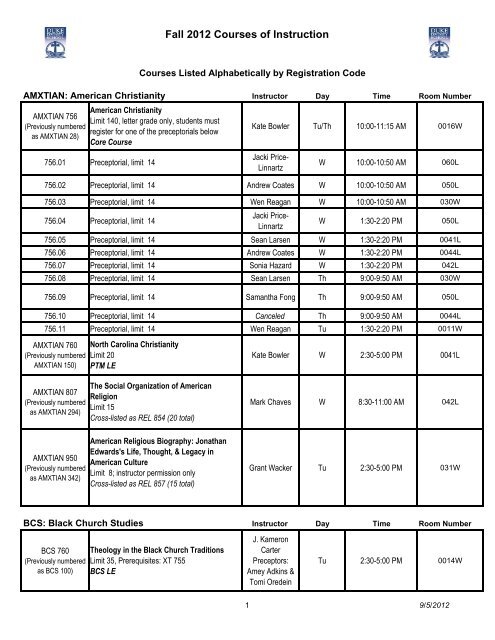 Fall 2012 Courses of Instruction - Duke Divinity School - Duke ...