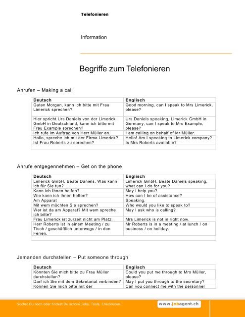 Begriffe zum Telefonieren - jobagent.ch