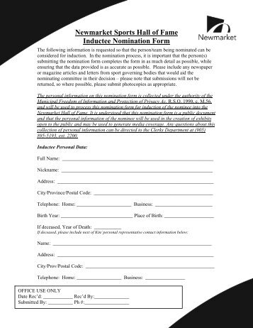 Newmarket Sports Hall of Fame Inductee Nomination Form