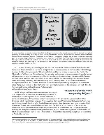 Benjamin Franklin on Rev. George Whitefield, 1739 - National ...