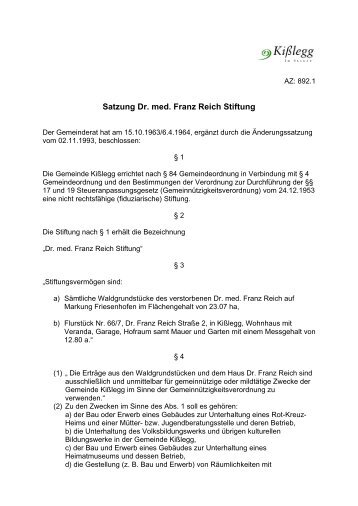 Satzung Dr med Franz Reich Stiftung Stand 1994 für ... - Kißlegg