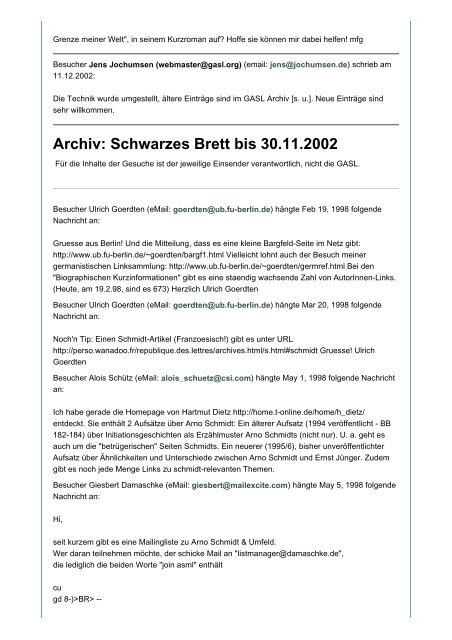 Schwarzes Brett - GASL - Gesellschaft der Arno-Schmidt-Leser