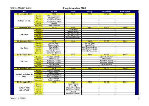 Plan et horaire des cultes décembre 2008 - Moudon