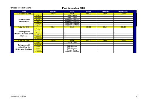 Plan et horaire des cultes décembre 2008 - Moudon