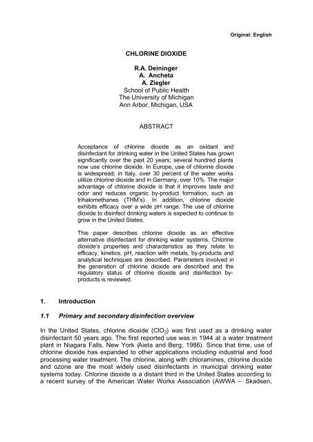 CHLORINE DIOXIDE R.A. Deininger A. Ancheta A. Ziegler School of ...