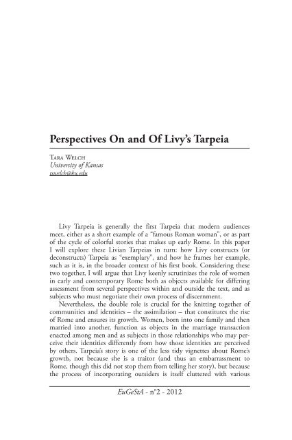 Perspectives On and Of Livy's Tarpeia - EuGeStA