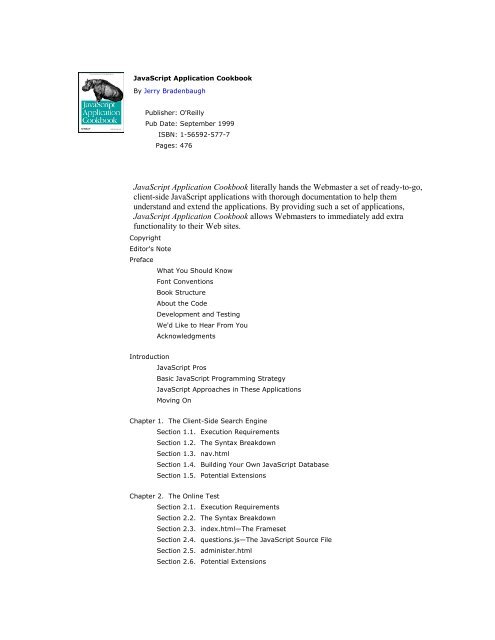 Oreilly Javascript Application Cookbook Index Of Free