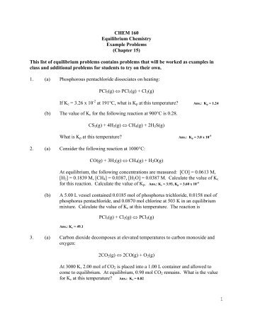 CHEM 160 Equilibrium Chemistry Example Problems (Chapter 15 ...